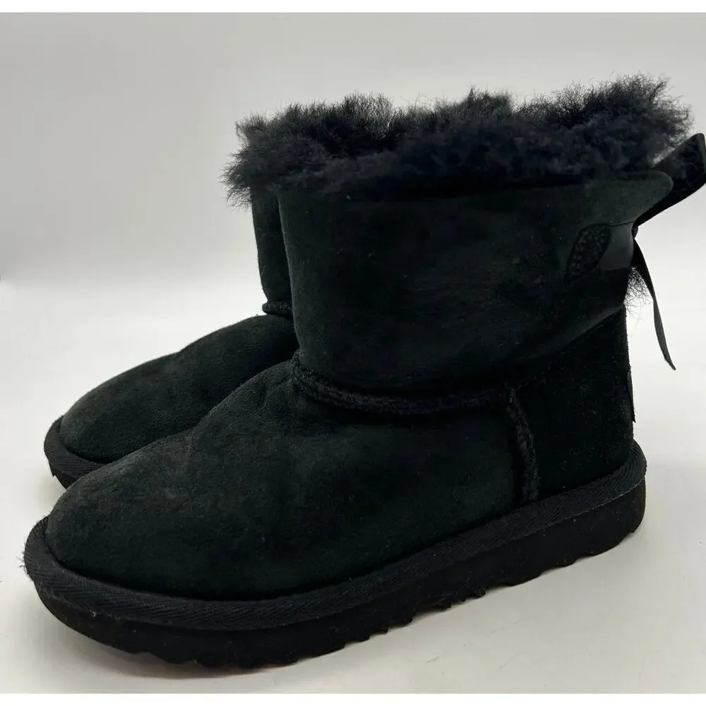 UGG Mini Bailey Bow II Black Sheepskin Boots Ribbon Tie Girls Size 12 US EU 30